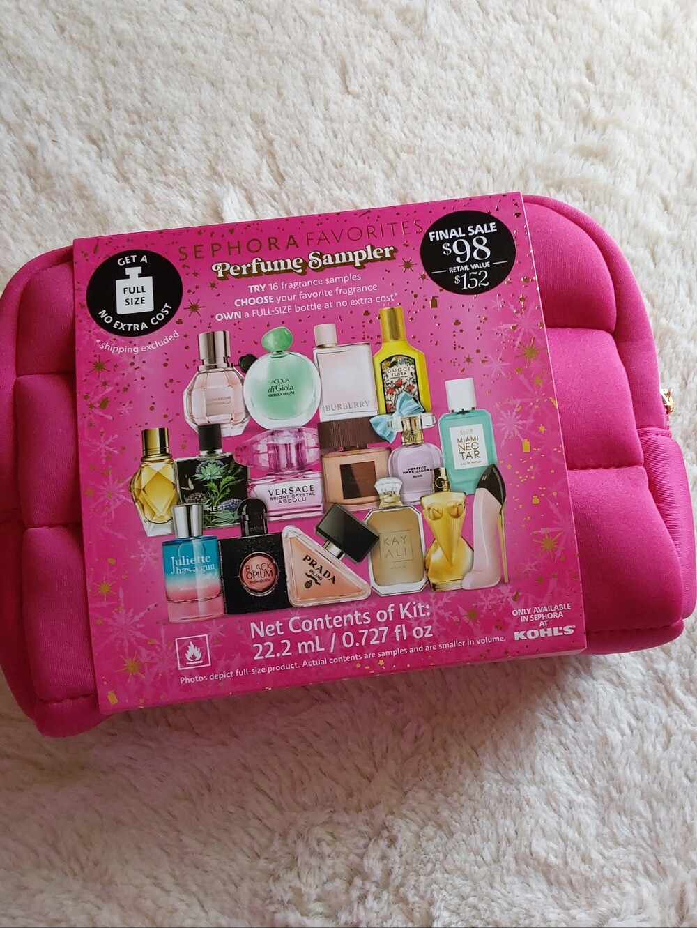 🌺 NWT Sephora Quilted Hot Pink Cosmetic Travel Bag with Perfume Samplers
